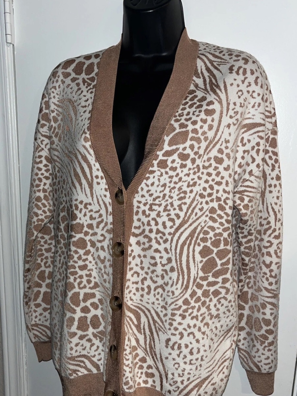 Ann Taylor Beige and White Animal-Print Cardigan